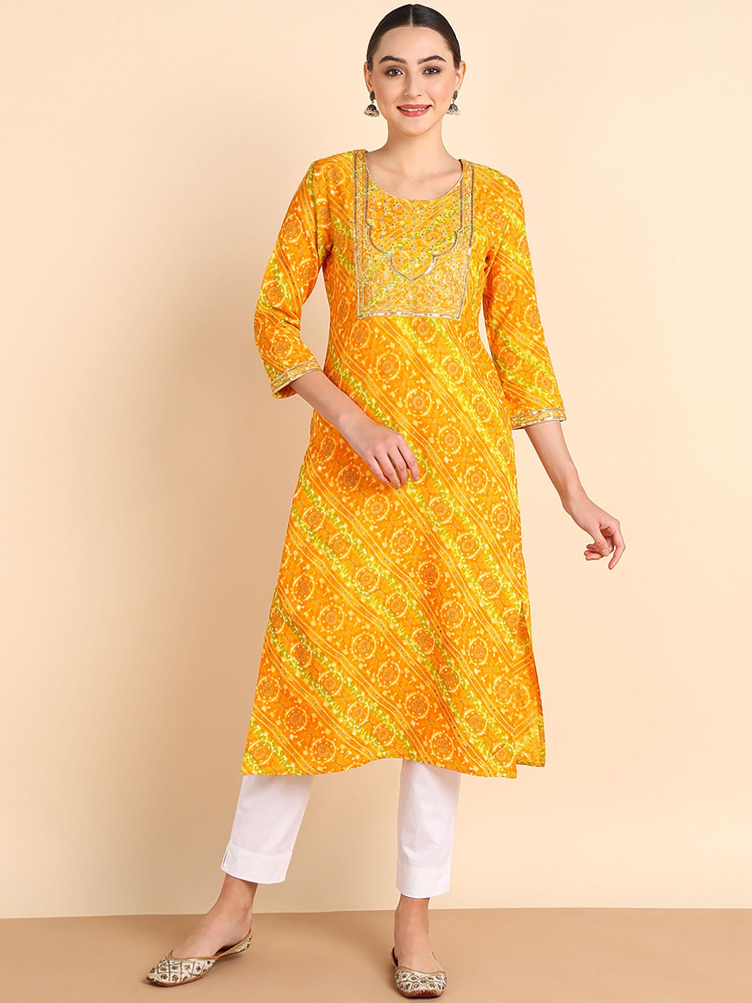 women embellished printed rayon yellow straight kurta