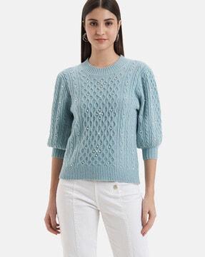 women embellished pullover with ribbed hem