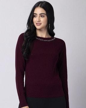 women embellished pullover with ribbed-hem