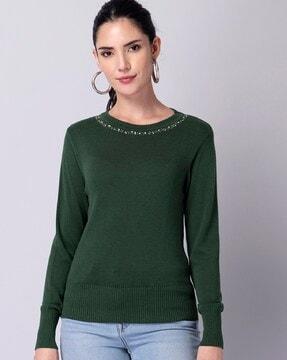 women embellished pullover with ribbed-hem