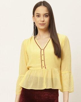 women embellished regular fit top with bell-sleeves