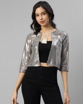 women embellished relaxed fit tie-front shrug