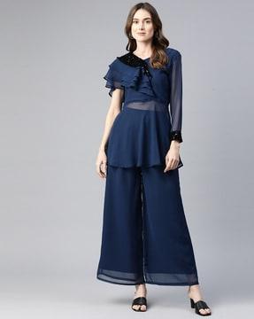 women embellished ruffle top with trousers