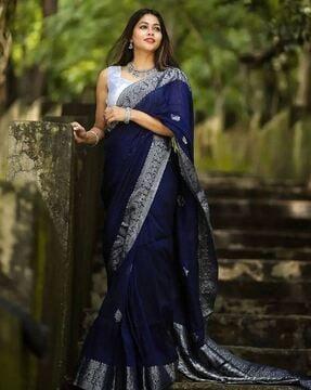 women embellished saree with unstitched blouse piece