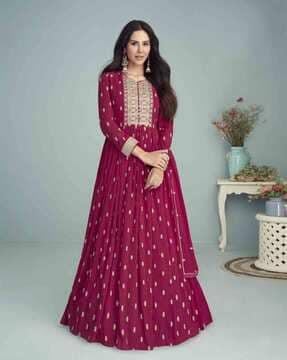 women embellished semi-stitched anarkali dress material