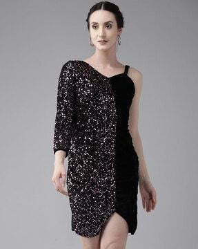 women embellished skater dress with one-shoulder