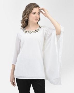 women embellished slim fit round-neck top