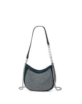 women embellished sling bag with detachable pearl strap