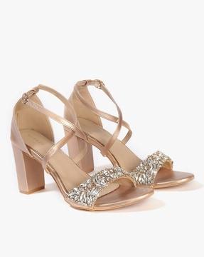 women embellished slingback chunky heeled sandals