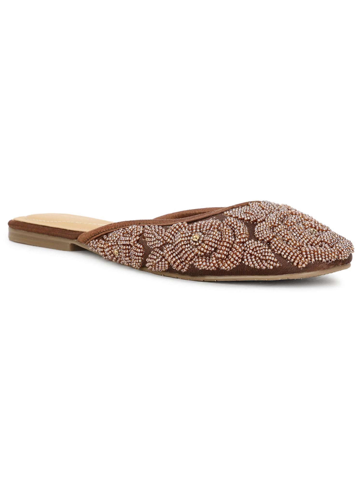 women embellished slip-on mules- brown