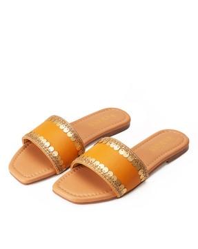 women embellished square-toe slp-on sandals