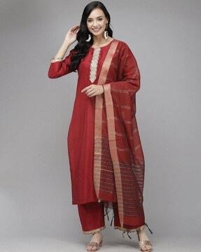 women embellished straight kurta & palazzos with dupatta set