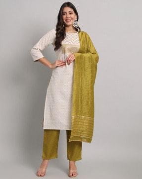 women embellished straight kurta & pants with dupatta