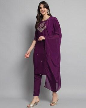 women embellished straight kurta & pants with dupatta