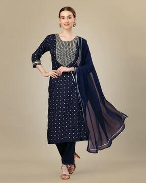 women embellished straight kurta & pants with dupatta