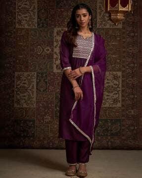 women embellished straight kurta pants & dupatta