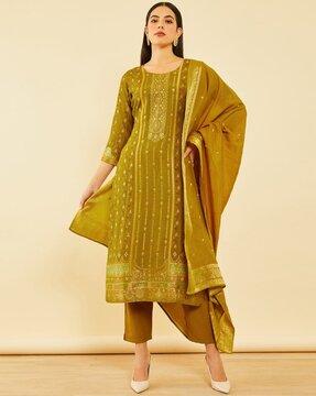 women embellished straight kurta set with dupatta