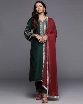 women embellished straight kurta set with dupatta