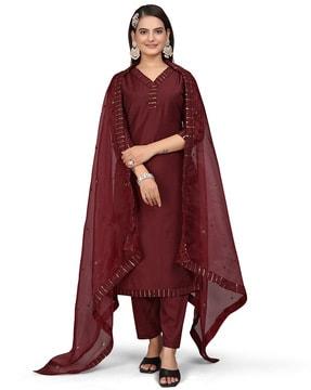 women embellished straight kurta set with dupatta