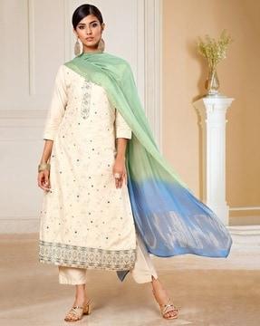 women embellished straight kurta set with dupatta