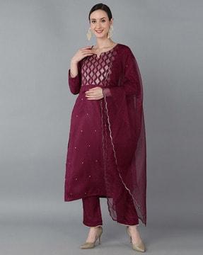 women embellished straight kurta set with dupatta