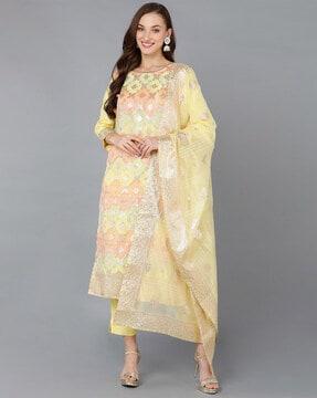 women embellished straight kurta set with dupatta