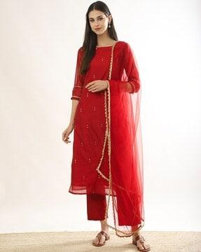 women embellished straight kurta suit set