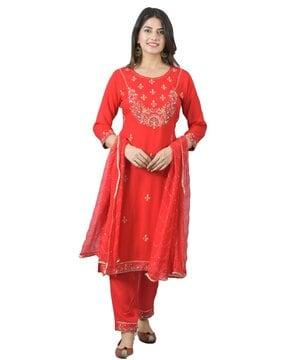 women embellished straight kurta suit set