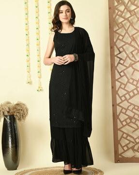 women embellished straight kurta suit set