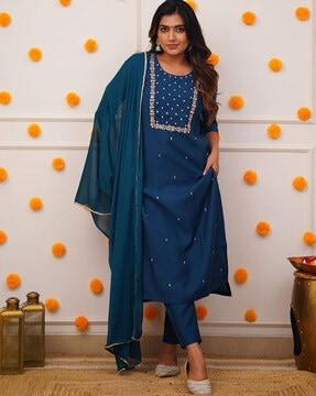 women embellished straight kurta suit set