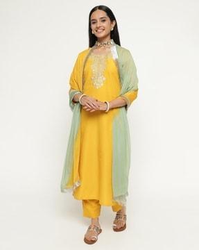 women embellished straight kurta suit set