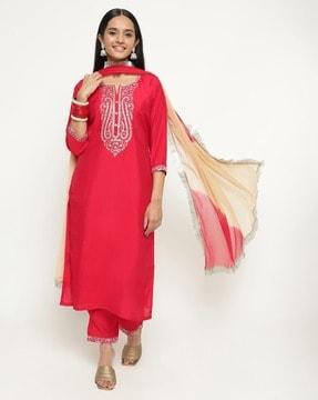 women embellished straight kurta suit set