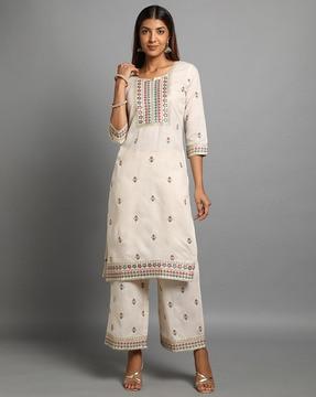 women embellished straight kurta suit set