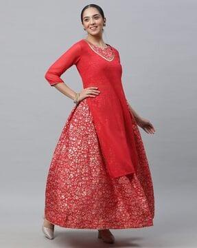 women embellished straight kurta with crop top & flared skirt