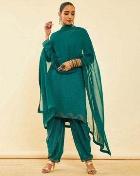 women embellished straight kurta with dhoti pants & dupatta