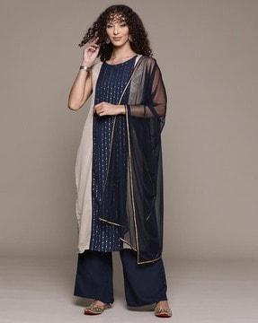 women embellished straight kurta with palazzos & dupatta set