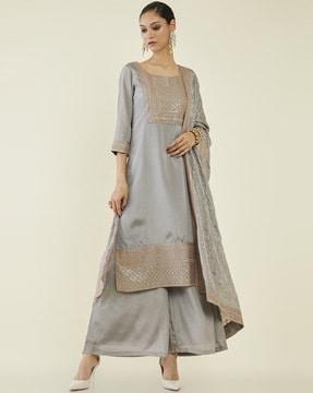 women embellished straight kurta with palazzos & dupatta