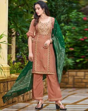 women embellished straight kurta with palazzos & dupatta