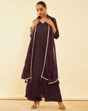 women embellished straight kurta with palazzos & dupatta