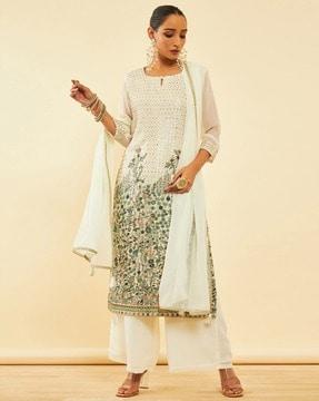 women embellished straight kurta with palazzos & dupatta