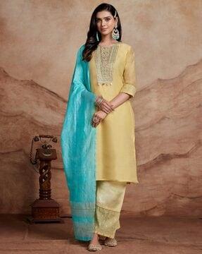 women embellished straight kurta with palazzos & dupatta