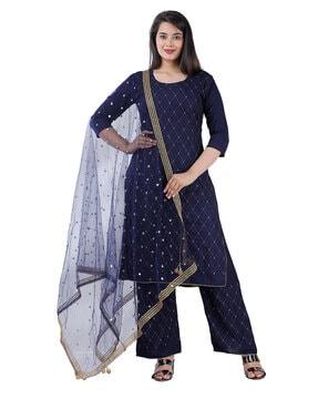 women embellished straight kurta with pants & dupatta set