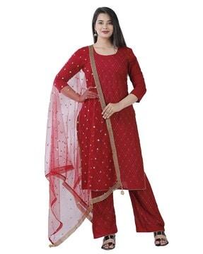 women embellished straight kurta with pants & dupatta set