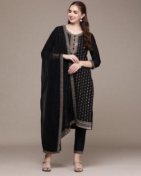 women embellished straight kurta with pants & dupatta