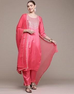 women embellished straight kurta with pants & dupatta