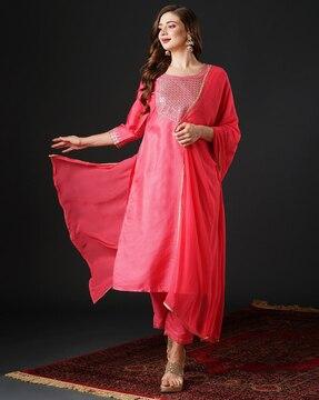 women embellished straight kurta with pants & dupatta