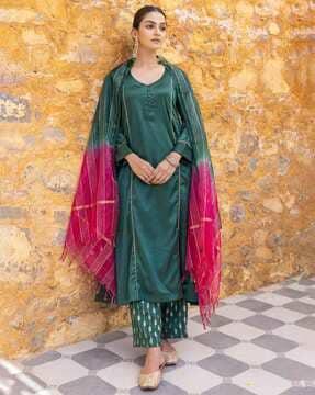 women embellished straight kurta with pants & dupatta