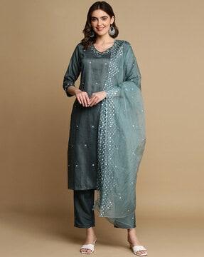 women embellished straight kurta with pants & dupatta