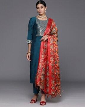 women embellished straight kurta with pants & dupatta