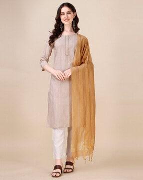 women embellished straight kurta with pants & dupatta